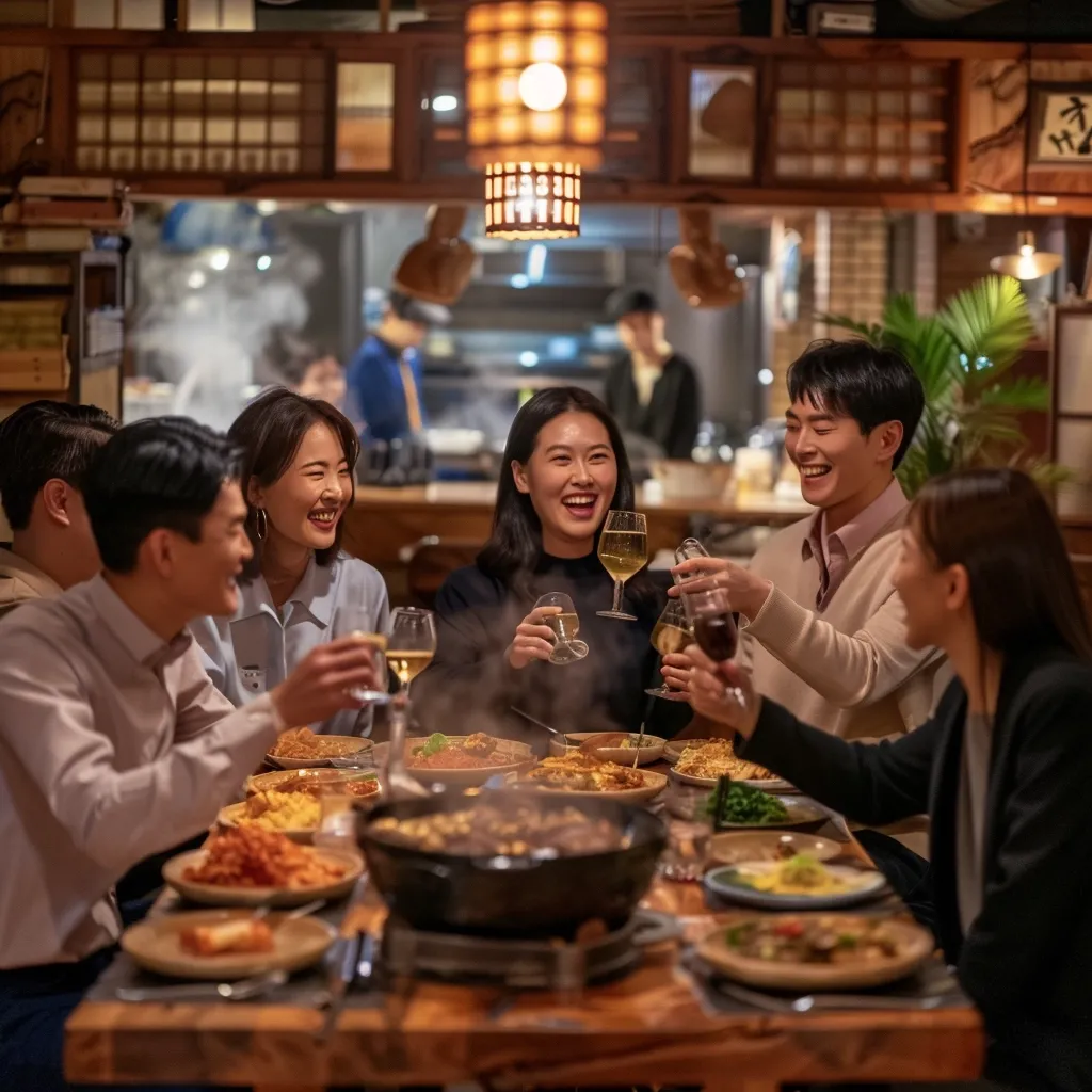 A group of young Asian adults enjoy a lively dinner party in a dimly lit restaurant.  They raise glasses of wine in a toast, sharing laughter and conversation around a table laden with delicious-looking food, including various dishes and a steaming hot pot. The warm lighting and convivial atmosphere create a sense of celebration and togetherness.