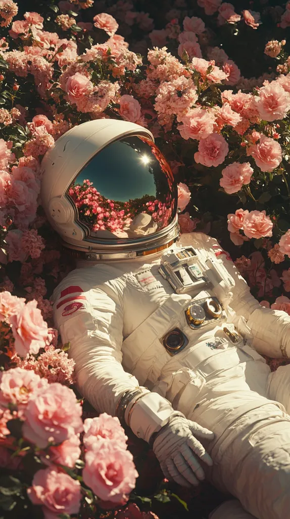 An astronaut in a white spacesuit rests amidst a vibrant profusion of pale pink roses.  The helmet's visor reflects the surrounding blossoms, creating a surreal juxtaposition of space exploration and natural beauty.  Sunlight bathes the scene, casting a warm glow on the delicate petals and the astronaut's seemingly peaceful slumber.  The image evokes a sense of tranquility and unexpected harmony.