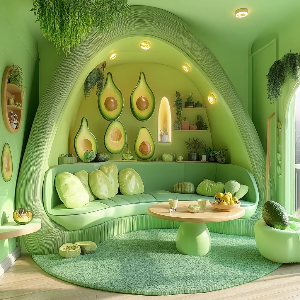 A whimsical, avocado-themed living room features a curved, lime-green sofa nestled within a larger avocado-shaped structure.  The walls are a soft green, adorned with avocado halves.  Small plants and shelves add to the organic feel.  A light green rug and coffee table complete the space, creating a vibrant and playful atmosphere.  The overall design is surreal and charming.
