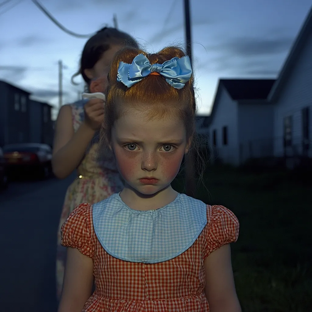 A young girl with red hair and a blue bow stands in the foreground, wearing a red and white gingham dress with a light blue Peter Pan collar.  Her expression is serious and slightly unhappy.  A blurred older girl is visible in the background, seemingly applying makeup. The setting appears to be a residential street at dusk.