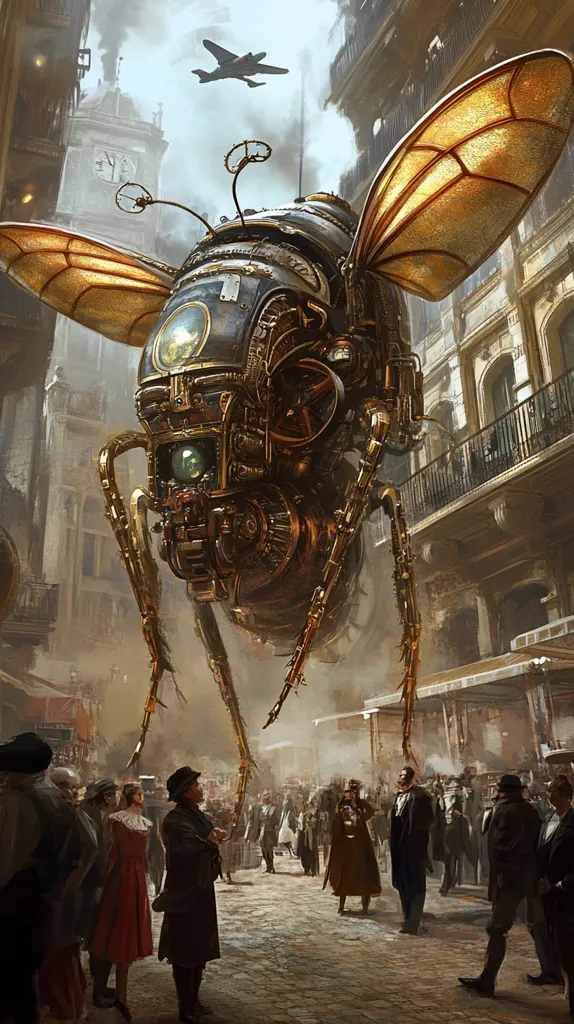 A colossal steampunk insect, resembling a giant bee, dominates a bustling 19th-century city street.  Its intricate clockwork mechanisms gleam, casting shadows on onlookers.  People in period clothing observe the enormous machine with a mix of awe and apprehension.  A small airplane flies overhead, adding to the surreal, futuristic atmosphere. The scene blends historical architecture with fantastical technology, creating a captivating visual narrative.