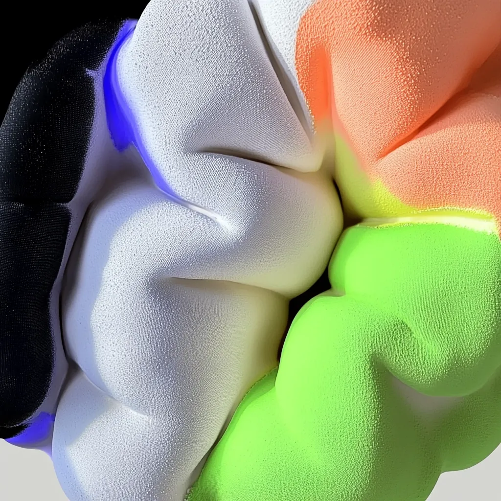 A close-up shot reveals a textured, abstract sculpture.  The form is reminiscent of intertwined organic shapes, with sections in white, lime green, peach, and black. The surface has a slightly bumpy, almost granular texture.  The colors blend softly at their edges, creating a visually appealing contrast.  The lighting highlights the three-dimensional nature of the piece.
