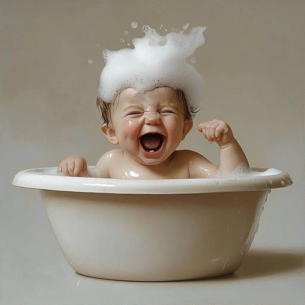 A joyful baby sits in a tub, surrounded by fluffy bath foam that crowns its head.  The baby's mouth is wide open in a laugh, and one arm is raised in playful delight. The light beige tub is slightly wider than the baby, creating a cozy and intimate scene. The overall tone is one of pure happiness and innocence.