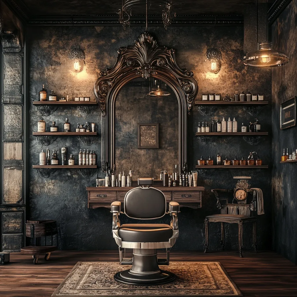 A vintage barbershop interior is depicted, featuring a dark, moody atmosphere.  Ornate dark wood shelving displays various bottles and grooming products. A large, ornately framed mirror dominates the back wall, reflecting the luxurious barber chair in the center. The room is dimly lit, with warm lighting casting shadows, adding to the antique charm.  The overall aesthetic is sophisticated and masculine, evoking a classic, old-world feel.
