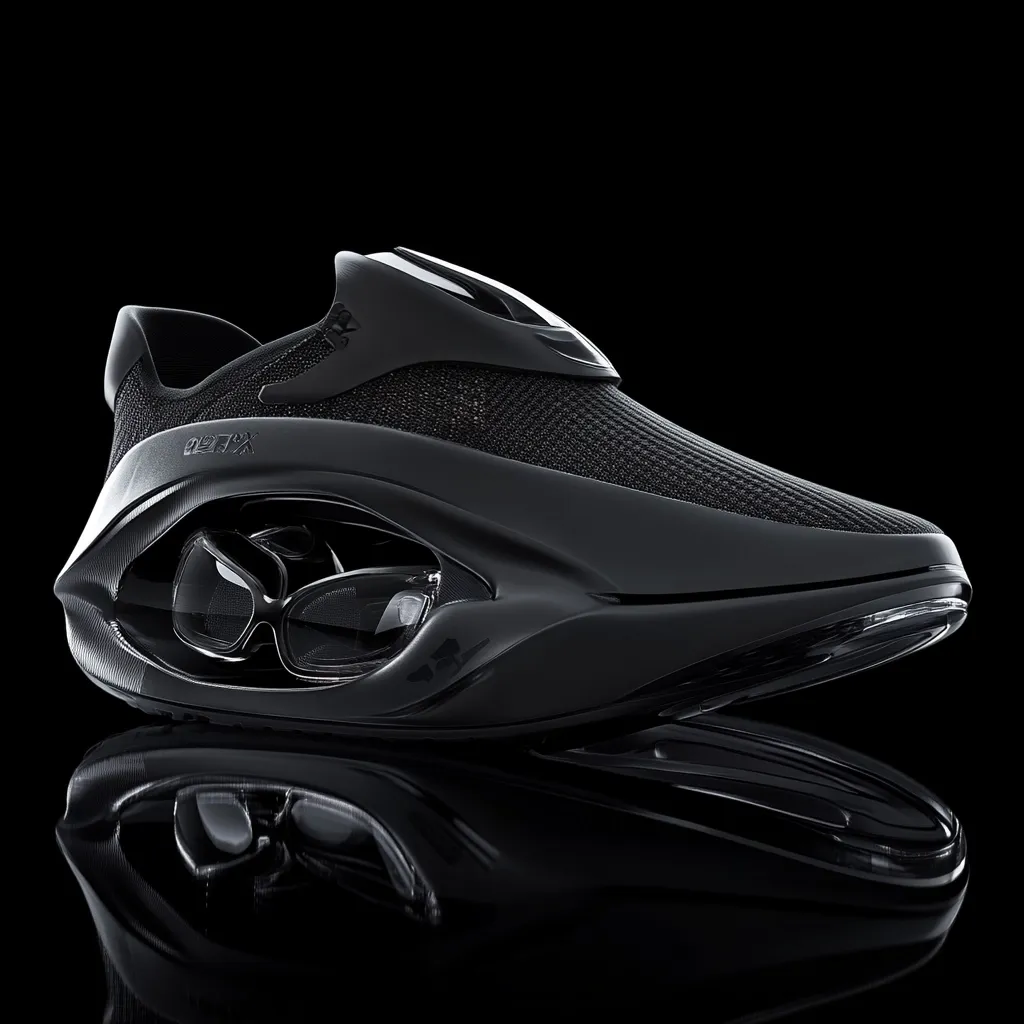 A sleek, black shoe with a futuristic design is showcased against a stark black background.  Its unique sole incorporates a transparent element, possibly for eyewear storage. The shoe's upper is a textured, dark material, creating a seamless, modern aesthetic. The reflection mirrors the shoe's shape, enhancing its glossy finish. The overall impression is one of high-tech sophistication and minimalist style.