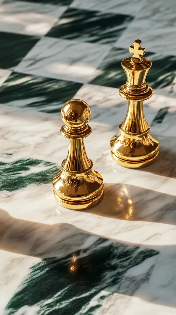 Two gold chess pieces, a king and a pawn, rest on a marble chessboard with a green veined pattern.  The sunlight casts shadows across the polished surface, highlighting the metallic sheen of the pieces.  The scene is luxurious and subtly dramatic, emphasizing the contrast between the pieces and their elegant setting.