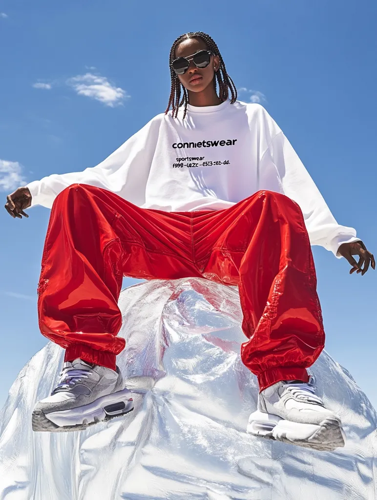 A young person, wearing sunglasses and a white Connetswear sweatshirt, sits atop a large, sculpted ice form.  They sport bright red, shiny pants and grey sneakers. The backdrop is a clear blue sky. The overall style is trendy and fashion-forward.