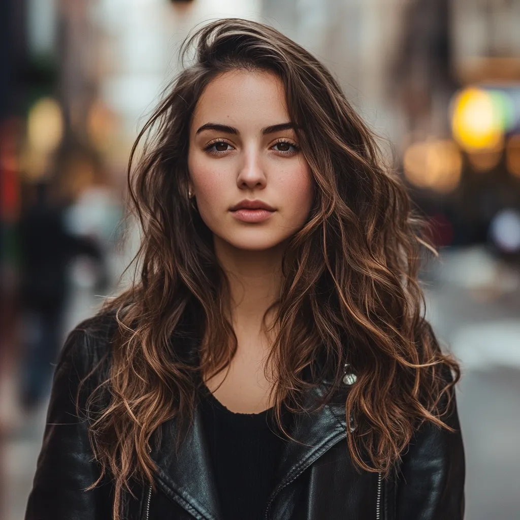 A young woman with long, wavy brown hair stares directly at the camera.  She's wearing a black leather jacket and a black top. The background is blurred, suggesting an urban setting. Her expression is serious and her makeup is natural.  The overall image is stylish and portrays a confident demeanor.