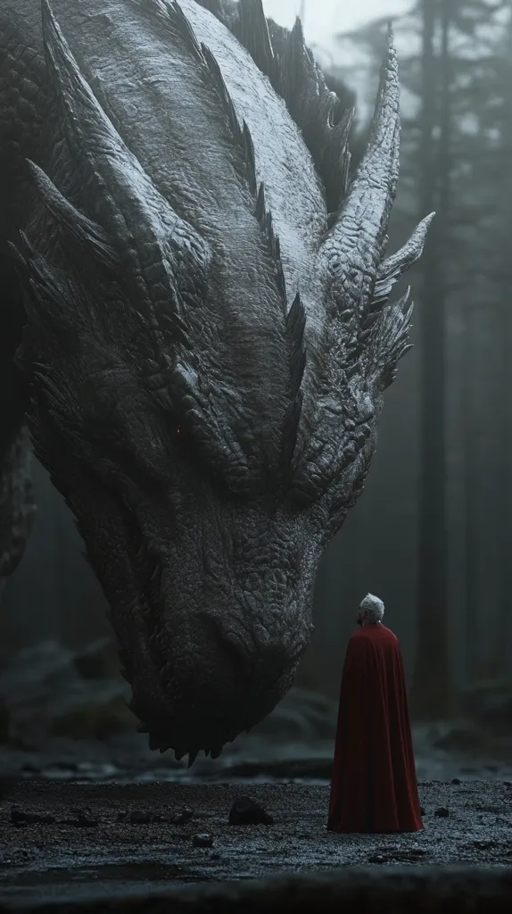 A massive, dark grey dragon, its scales textured and seemingly weathered, looms over a lone figure. The figure, cloaked in a deep red cape, stands small and seemingly insignificant against the dragon's immense size.  The scene is set in a misty, dark forest, creating an atmosphere of mystery and potential danger. The dragon's eyes glow faintly, adding to the ominous mood.