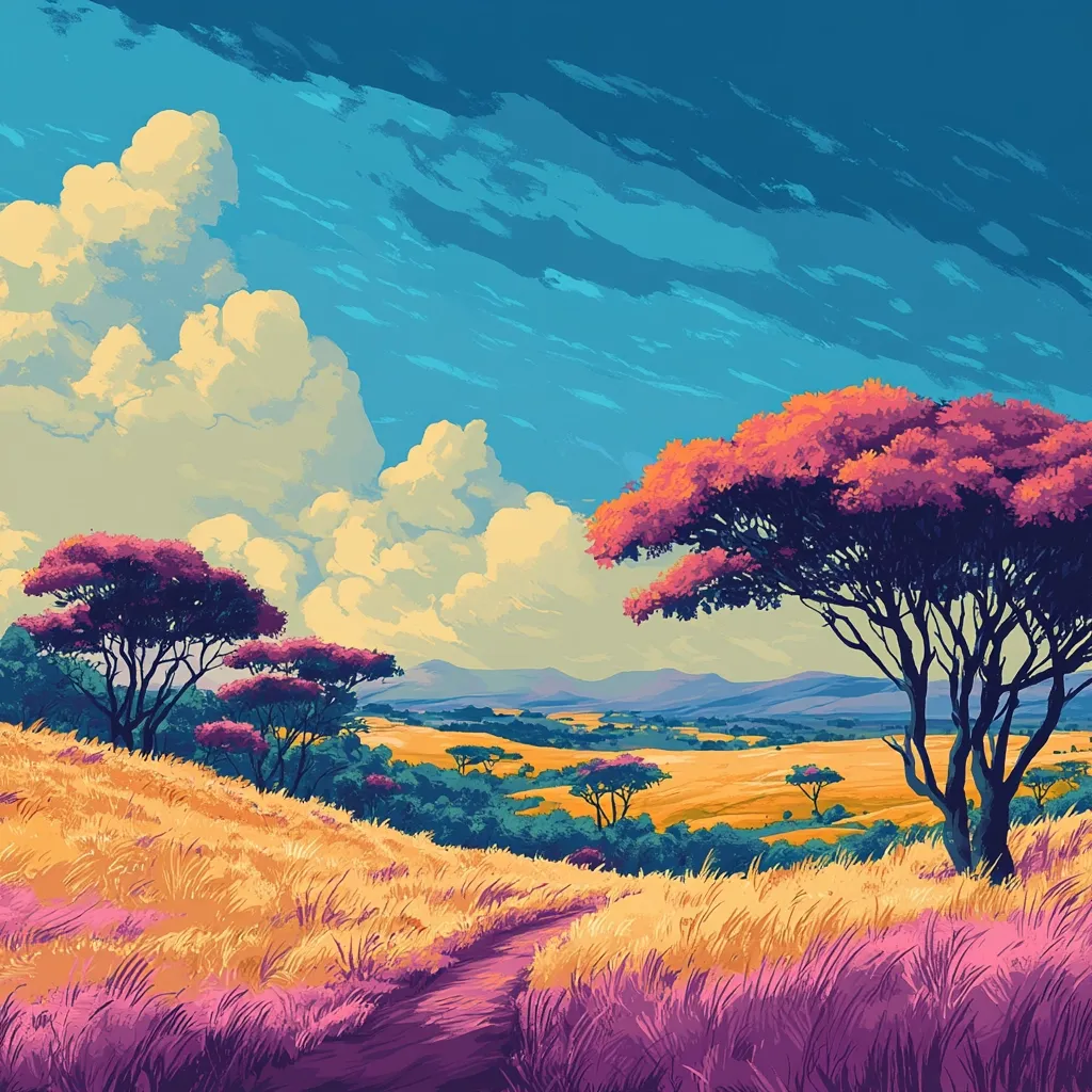 A vibrant landscape painting depicts a sun-drenched savanna.  Golden grasses stretch towards a purple-hued path winding through the scene.  Distinctive acacia-like trees, some with pinkish-red foliage, dot the hills.  A partly cloudy, bright blue sky provides a backdrop to the idyllic African-inspired scene.  The style is painterly and dreamlike, with bold colors and soft brushstrokes.