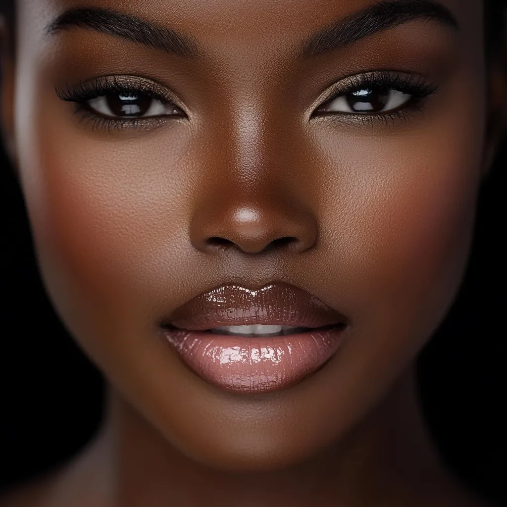 Close-up of a Black woman's face, showcasing flawless, dark brown skin.  Her makeup is subtly elegant, featuring neutral eyeshadow, defined brows, and glossy mauve lipstick.  The image emphasizes the beauty of her natural features and complexion.  The lighting highlights her facial structure, creating a striking and sophisticated portrait.