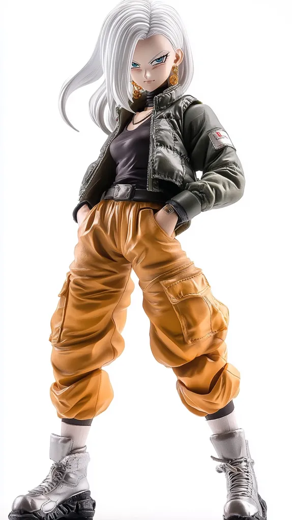 A collectible figure of a female anime character with long white hair,  wearing a dark olive green puffer jacket,  orange cargo pants, and silver boots.  She has a confident pose with hands in pockets, showcasing detailed features and clothing textures.  The figure is set against a plain white background, emphasizing its design and pose.