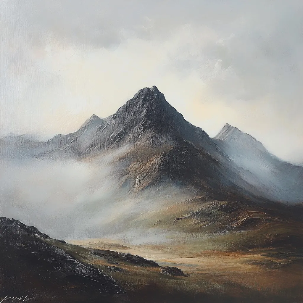 A misty mountain landscape is depicted in a painting.  A prominent, dark peak dominates the center, shrouded in a low-lying fog that partially obscures the surrounding hills.  The color palette is muted, with browns, grays, and muted greens dominating the scene.  The overall mood is serene and atmospheric, conveying a sense of quiet solitude in a wild, mountainous region.