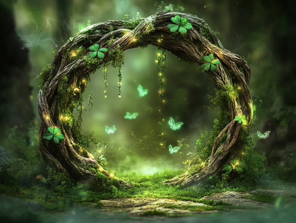 A whimsical, enchanted forest scene featuring a circular archway formed from a moss-covered, gnarled tree branch.  Glowing lights and ethereal butterflies flit around the arch, which is adorned with four-leaf clovers.  The overall atmosphere is mystical and serene, suggesting a magical portal or hidden pathway.  The deep green tones create a lush and otherworldly ambiance.