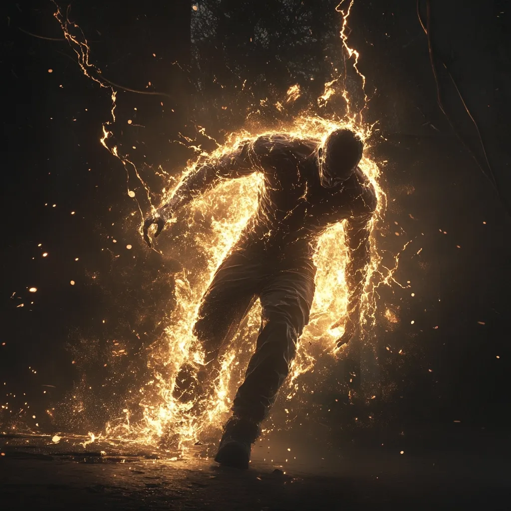 A powerful, muscular figure is depicted engulfed in vibrant, flowing flames.  The fiery energy seems to emanate from within, illuminating the figure's form against a dark, shadowy background.  The intense light contrasts with the surrounding darkness, creating a dramatic and otherworldly scene.  The image suggests themes of power, transformation, or perhaps even mythical or supernatural beings.
