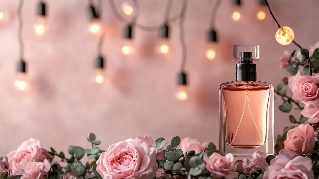 A bottle of perfume sits amidst a cluster of delicate pink roses and eucalyptus leaves.  Warm, soft lighting from string lights creates a romantic ambiance. The overall scene evokes feelings of femininity and elegance, showcasing the perfume in a visually appealing and thematic setting.  The pink background enhances the soft, romantic aesthetic.