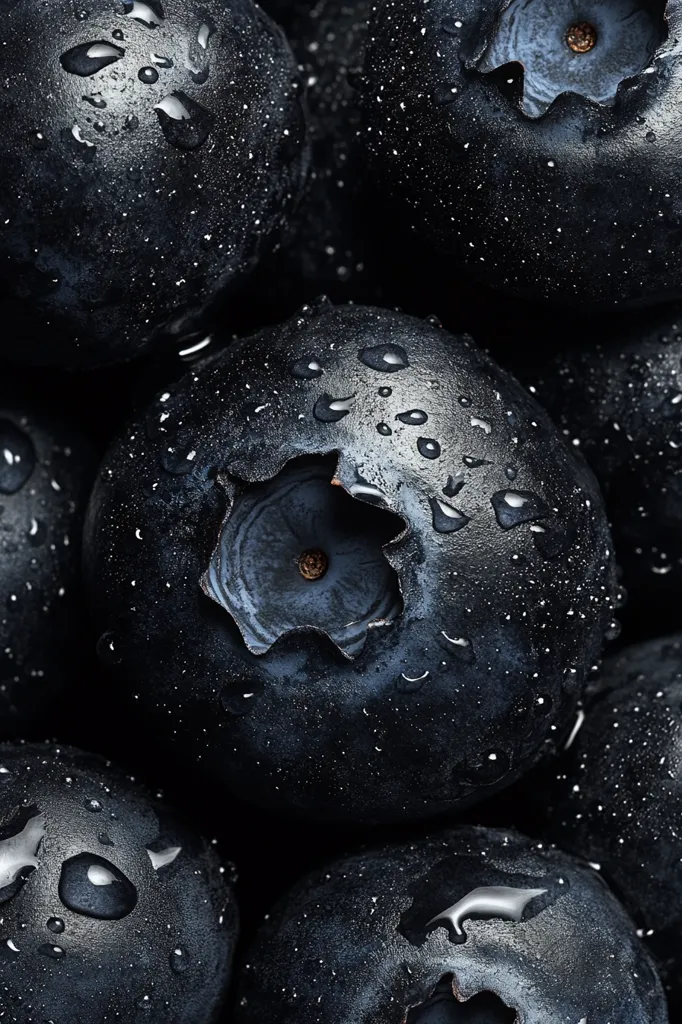 A close-up shot reveals a cluster of blueberries, their dark, almost black skins glistening with water droplets.  The berries are densely packed together, showcasing their plump, rounded forms and textured surfaces.  The image's focus highlights the detail of the blueberries, emphasizing their juicy appearance.