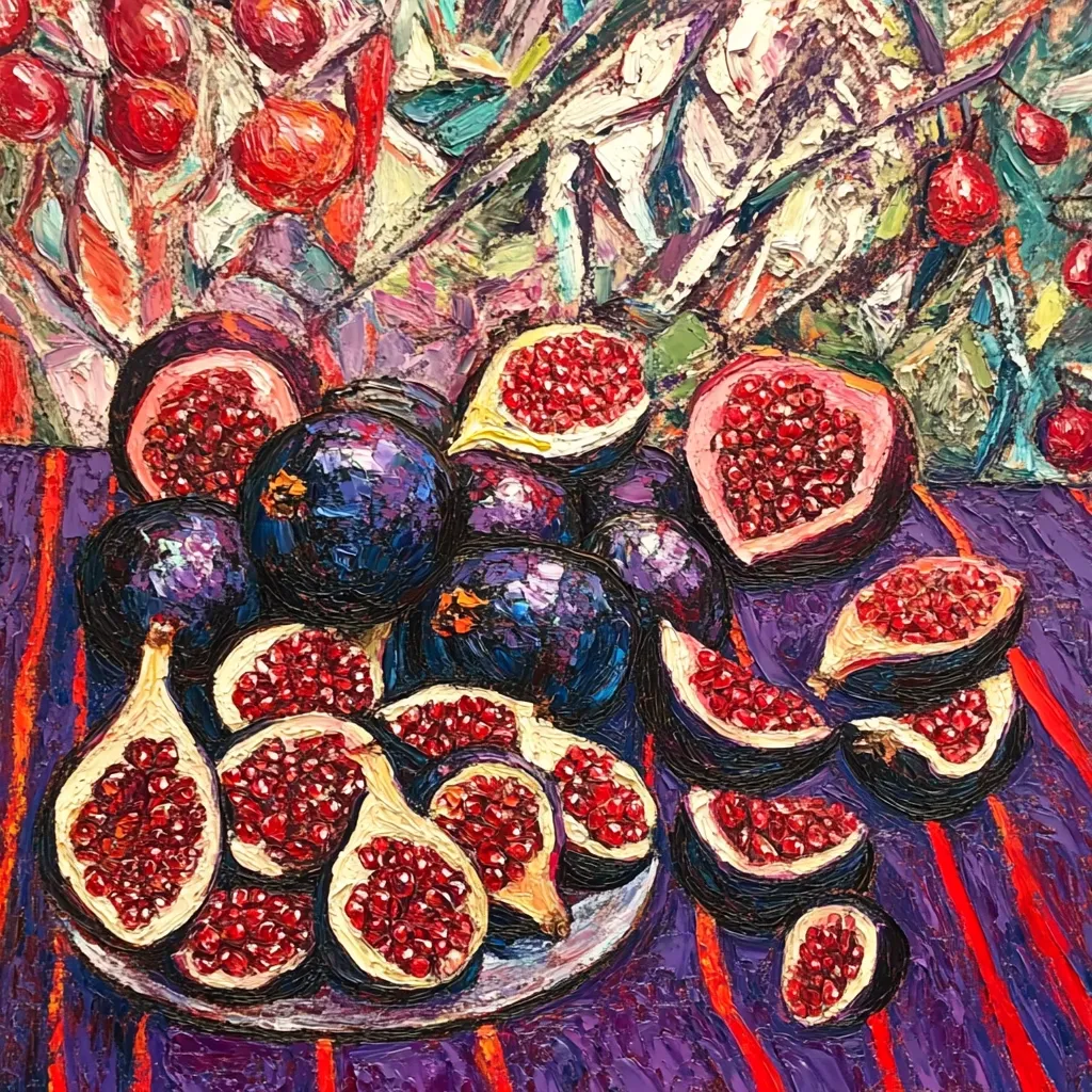 An impasto oil painting depicts a still life of figs and pomegranates.  Whole figs, deep purple-blue, are piled alongside halved figs revealing vibrant red interiors.  A plate holds more halved figs, their juicy seeds richly colored.  The background features a stylized, painterly depiction of a branch laden with red berries, adding depth and contrast to the central fruit arrangement. The striped tablecloth is a deep purple and orange.