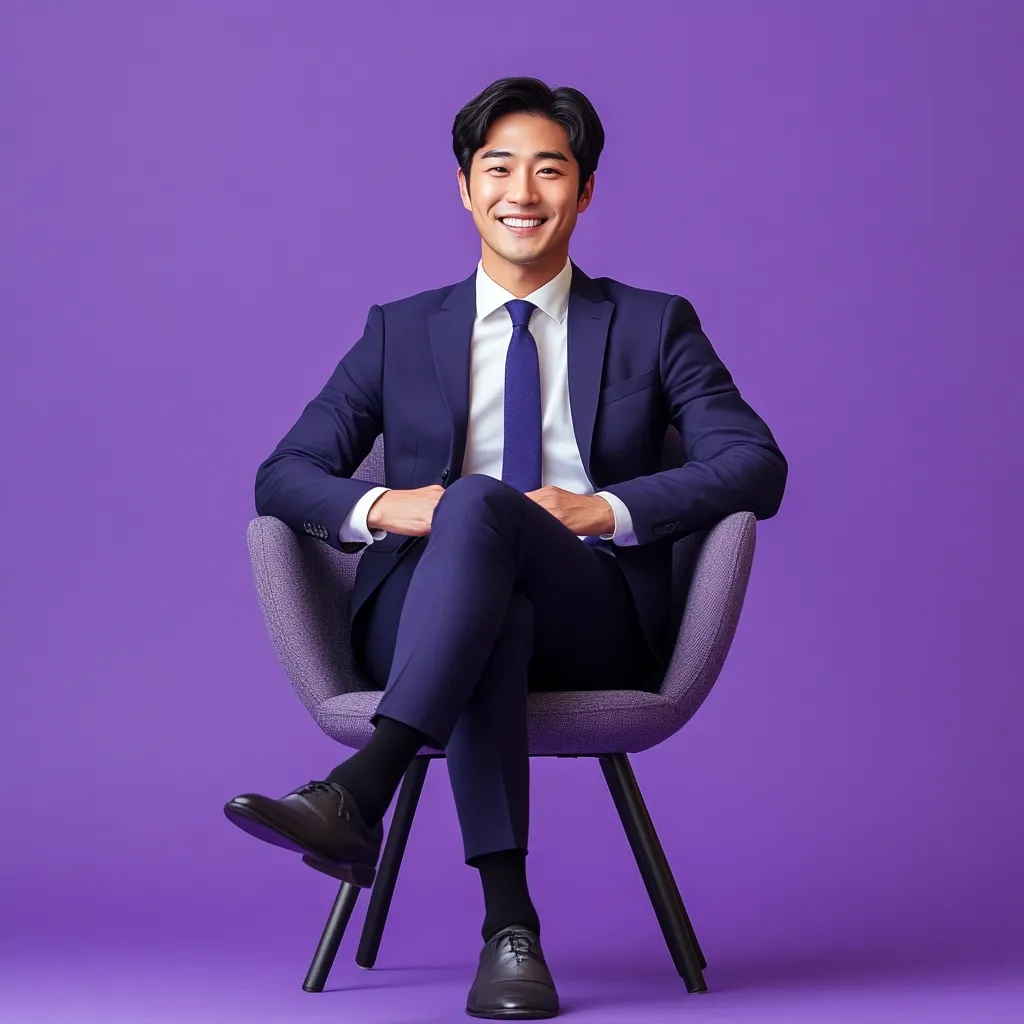 A smiling young Asian man in a dark blue suit sits confidently in a purple armchair against a vibrant purple background.  He's neatly dressed, with a dark blue tie and black shoes, his legs crossed at the ankles.  The image projects professionalism and success.