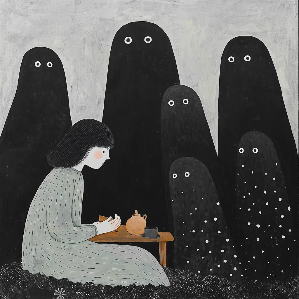 A young girl, dressed in a muted green dress, sits at a small table with a teapot and cup.  She is surrounded by several large, shadowy figures resembling ghosts, each with two simple, white eyes.  The scene is rendered in a minimalist style, with a muted color palette dominated by grays and blacks.  The overall mood is one of quiet contemplation, perhaps even a hint of unease.
