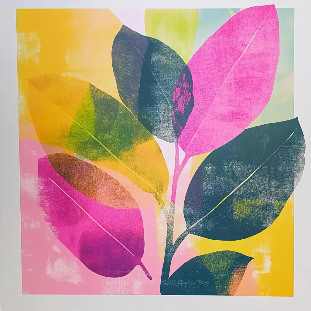 A vibrant print showcases stylized leaves in bold, contrasting colors.  Pink, yellow, and teal hues are layered and textured, creating a sense of depth and movement. The leaves are depicted in a slightly abstract manner, emphasizing their form and color rather than photorealistic detail.  The overall effect is bold and contemporary, suggesting a tropical or jungle theme.  The background subtly complements the leaf colors.