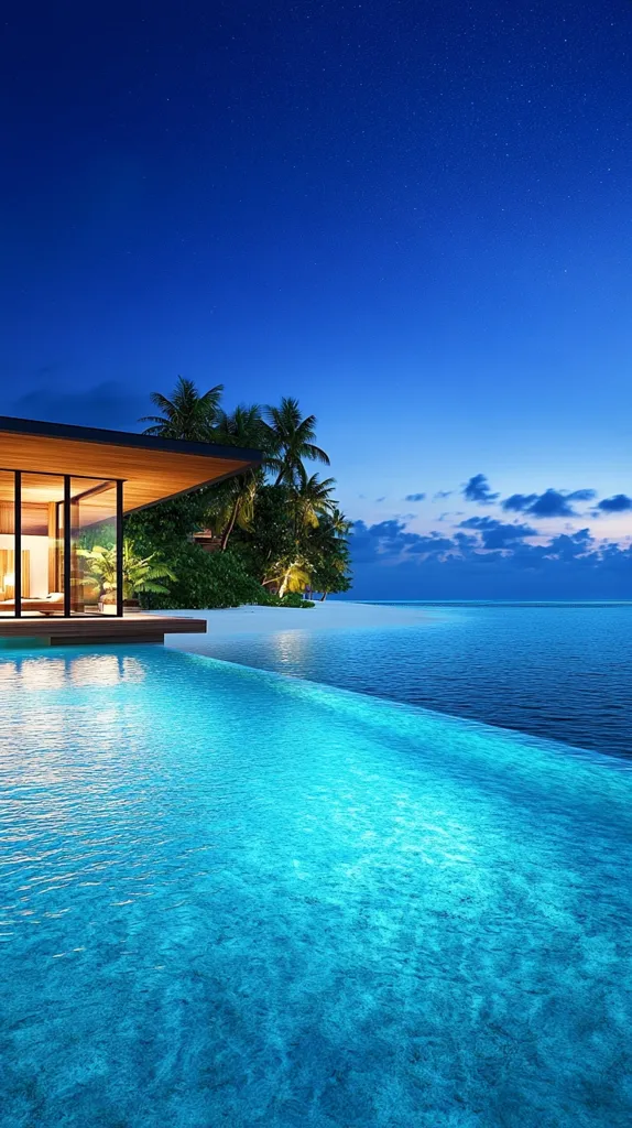 A modern, minimalist house sits on a tropical beach at night.  Large glass windows showcase an interior view.  The house features a stunning infinity pool that seamlessly blends with the calm, turquoise ocean under a starry sky.  Palm trees sway gently in the breeze, creating a serene and luxurious ambiance.