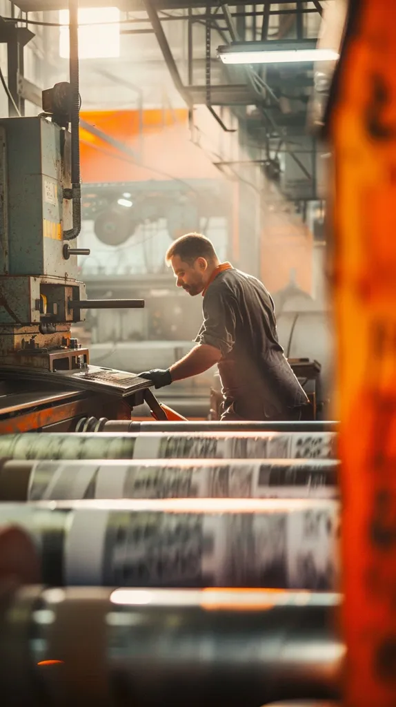 A male worker in a bustling industrial setting carefully monitors a large printing press.  Sunlight streams through the high windows, illuminating dust motes in the air. The press is partially obscured, but large rollers filled with printed material are visible.  The scene emphasizes the man's concentration and the scale of the machinery. The overall atmosphere is one of focused activity within a manufacturing environment.