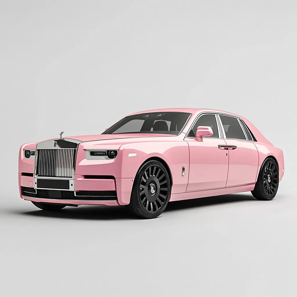 A light pink Rolls-Royce Phantom, a luxury sedan, is presented in a three-quarter view against a plain white background.  The car's sleek lines and polished finish are highlighted, showcasing its elegant design and high-end features. The black rims contrast with the pastel body, creating a visually striking image.  The car appears new and pristine.