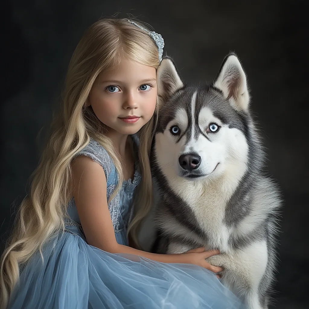 A young girl with long blonde hair, wearing a light blue dress, sits beside a Siberian Husky.  The girl has her arms around the dog, who gazes directly at the camera with striking blue eyes. The setting is dark and moody, emphasizing the girl and dog's features.  The image portrays a tender connection between child and animal.