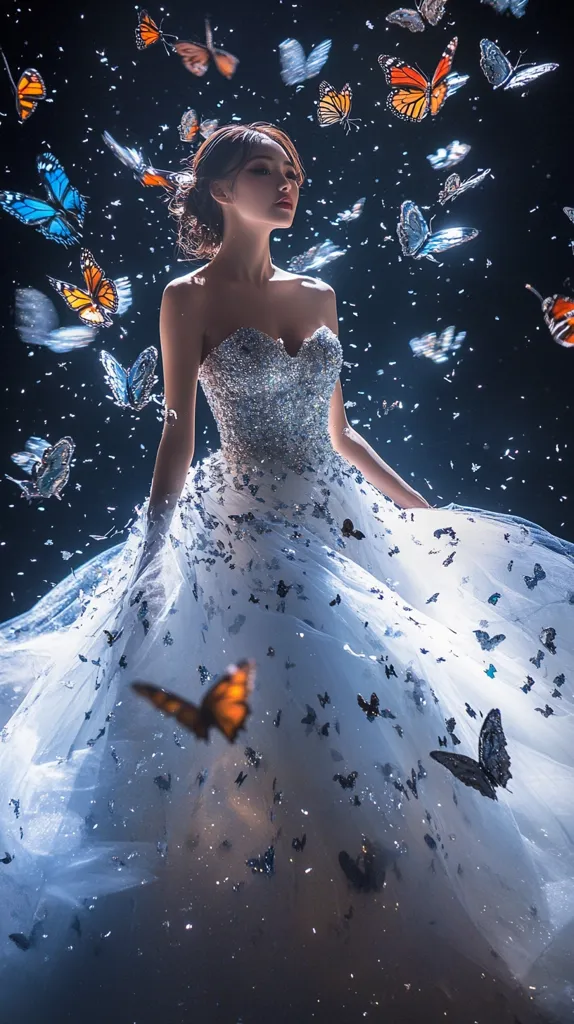 A woman in a stunning, sparkly white ballgown stands amidst a flurry of butterflies.  The dress, adorned with delicate butterfly appliqués, flows around her.  She gazes serenely upward, creating a magical, ethereal scene. The dark background contrasts beautifully with the bright dress and vibrant butterflies, emphasizing the dreamlike quality of the image.