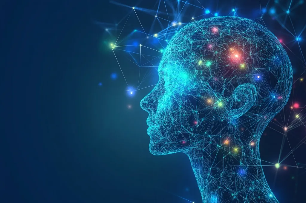 The image depicts a stylized human head, constructed from a network of interconnected glowing lines and nodes against a dark blue backdrop.  The design evokes a sense of neural connections and data flow, suggesting concepts of artificial intelligence, neural networks, or the interconnectedness of the human mind.  Vibrant, multicolored nodes illuminate the network, adding a dynamic visual element to the abstract representation.