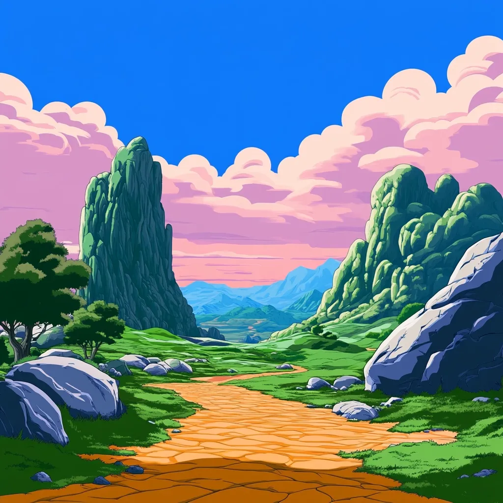 A vibrant landscape unfolds, featuring a winding dirt road leading through a verdant valley.  Towering green mountains flank the path, their rocky textures sharply defined against a pastel sky filled with fluffy pink clouds.  The scene is idyllic, with scattered boulders and small trees adding to the peaceful atmosphere.  Distant, hazy mountains add depth to the background, under a clear, bright blue sky.
