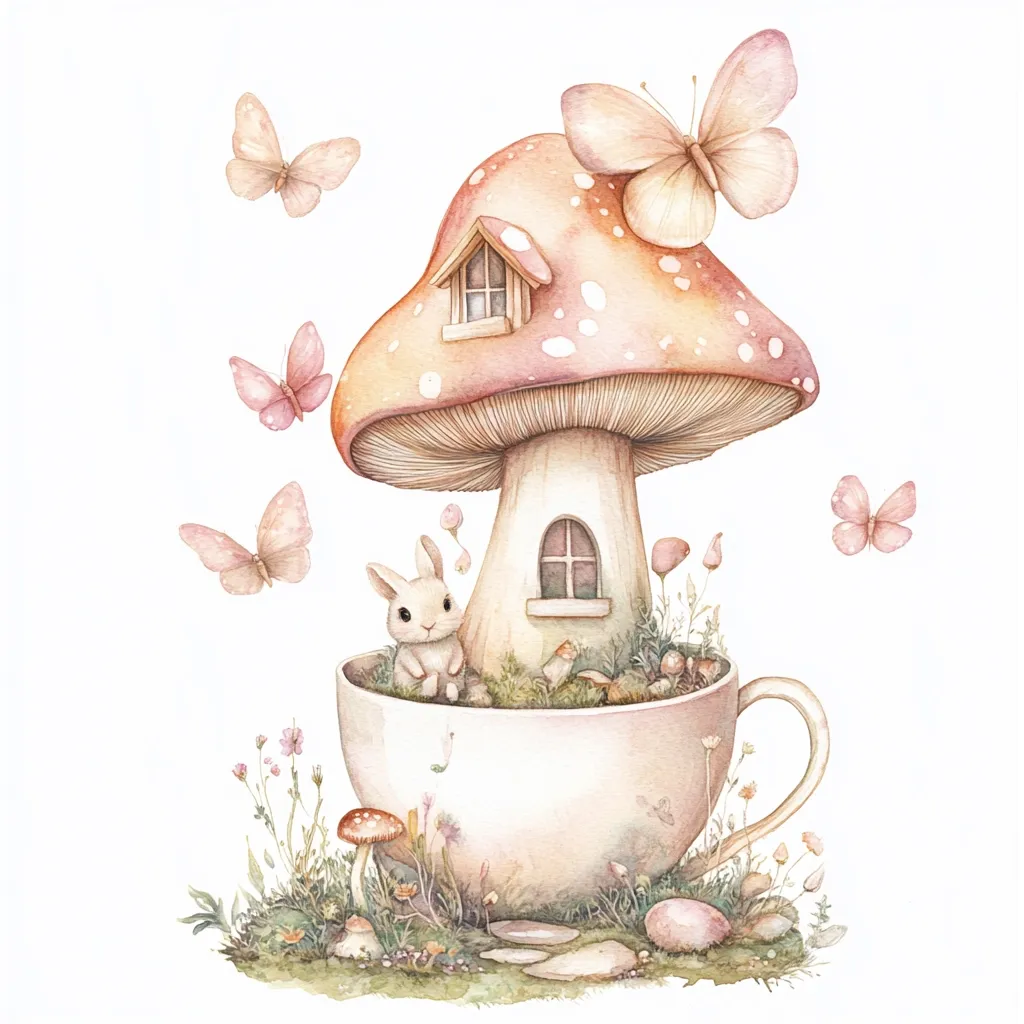 A whimsical watercolor painting depicts a miniature mushroom house nestled inside a teacup.  A tiny bunny sits contentedly within the cup, surrounded by miniature flowers and mushrooms. Delicate pink butterflies flutter around the scene, adding to the enchanting fairytale atmosphere. The overall style is soft and charming, ideal for children's illustrations or whimsical home decor.