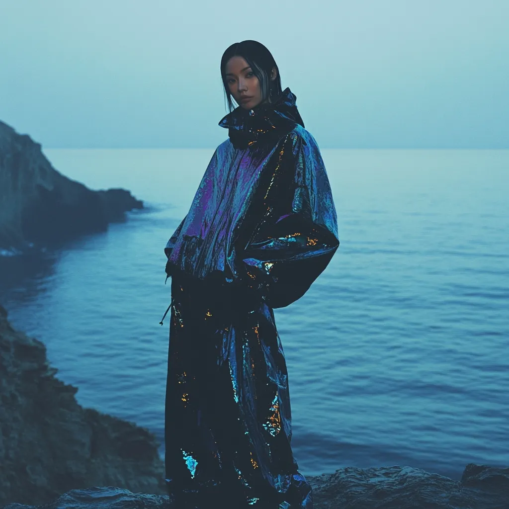 A woman stands on a cliff overlooking a calm ocean at dusk. She wears a shimmering, dark iridescent jacket and matching pants, the fabric reflecting the muted light.  Her dark hair is pulled back, and she gazes directly at the camera with a serious expression. The overall mood is one of quiet contemplation and mystery.
