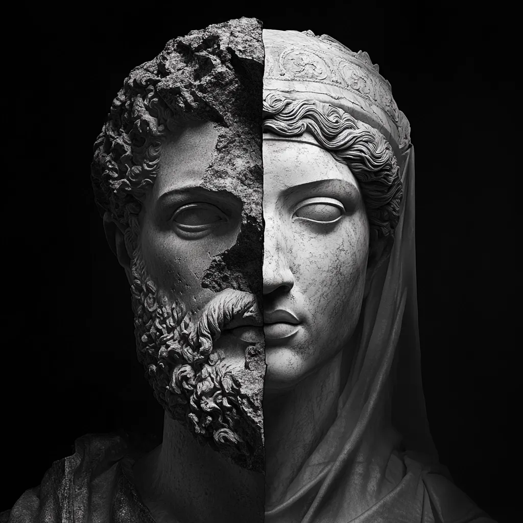 A striking black and white image showcases a sculpted bust, dramatically divided. One half depicts a bearded man, his features weathered and rugged, suggesting age and strength. The other half reveals a woman, adorned with a headdress, her expression serene and composed.  The contrast between the masculine and feminine halves, unified yet distinct, creates a powerful visual narrative.  The dark background emphasizes the sculpture's detail.