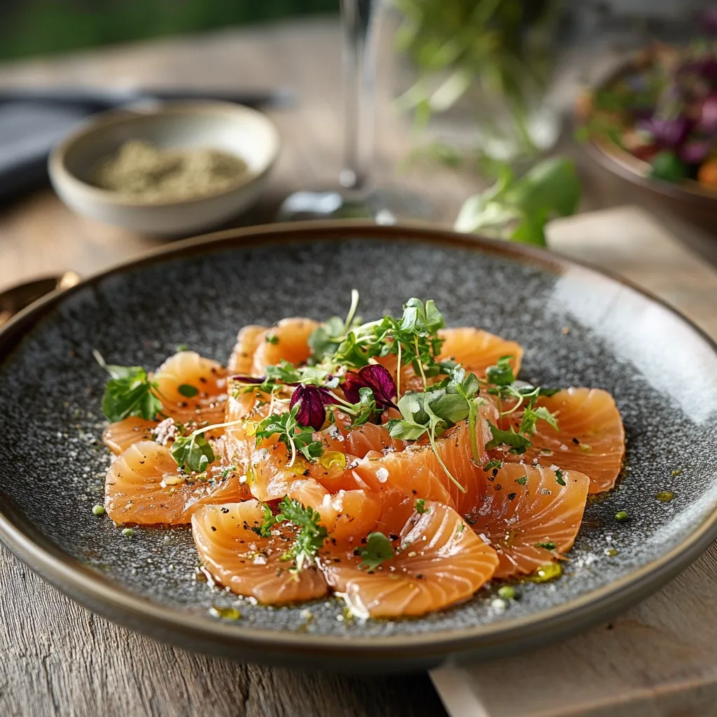 A close-up shot showcases a gourmet salmon dish.  Thinly sliced, glistening salmon pieces are artfully arranged on a dark gray speckled plate.  The salmon is delicately seasoned and garnished with fresh herbs and microgreens, adding pops of color and texture. The plating is elegant, suggesting a fine dining experience.  A shallow bowl of seasoning sits subtly in the background.
