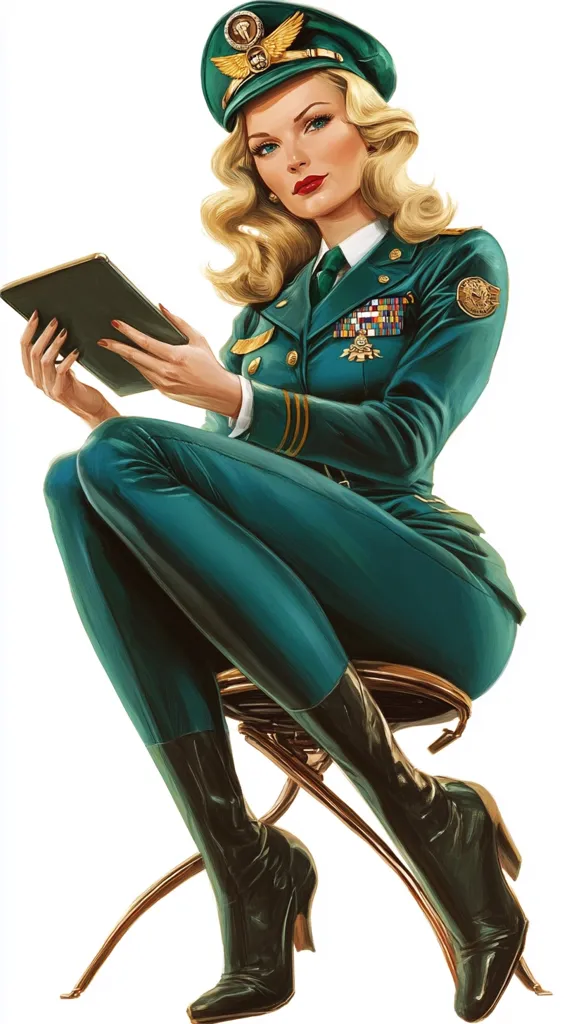 A glamorous woman in a teal military officer's uniform sits perched on a chair, holding a tablet.  Her blonde hair is styled in a classic wave, and she wears high black boots.  The uniform is detailed with gold braid and insignia, suggesting a high rank.  The image evokes a vintage pin-up style with a modern twist, showcasing a powerful female figure in a position of authority.