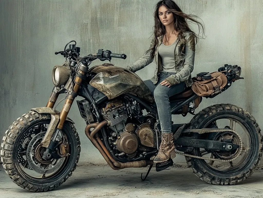 A young woman with long brown hair sits astride a heavily modified, weathered motorcycle.  The bike features large knobby tires, a brown leather saddlebag, and a distressed, almost rusted, paint job.  The woman wears a camouflage jacket, jeans, and brown boots, enhancing the post-apocalyptic aesthetic of the image. The scene is set against a textured grey background.