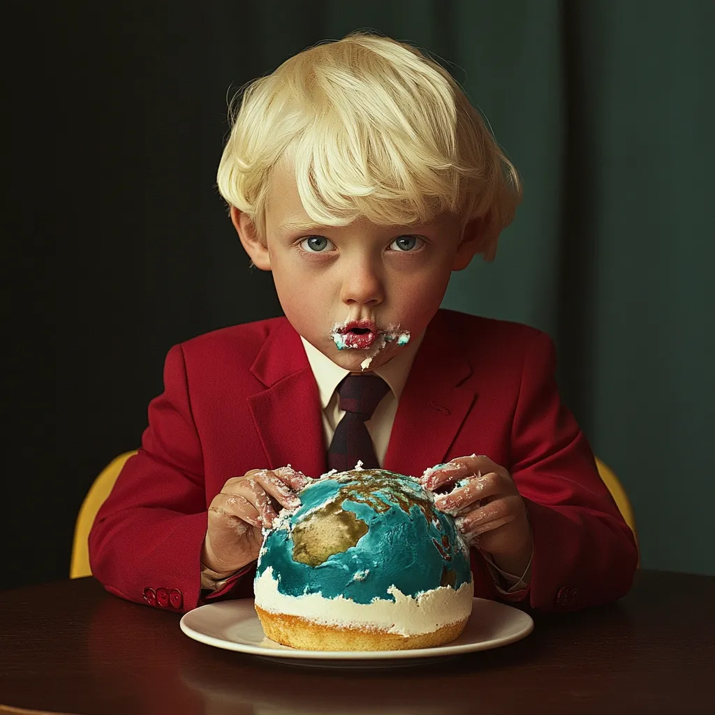 A young boy with blond hair, dressed in a red suit and tie, enthusiastically devours a cake shaped like the Earth.  His face is smeared with frosting, highlighting the playful yet thought-provoking juxtaposition of childish glee and the serious implications of consuming the planet's resources. The image is strikingly composed, creating a captivating visual narrative.
