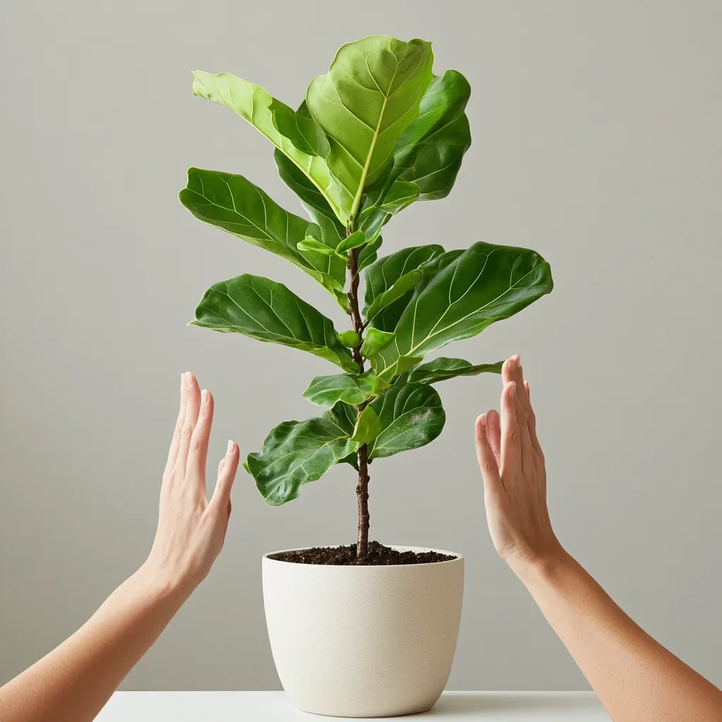 A vibrant fiddle leaf fig plant sits in a creamy white pot.  Two hands gently frame the plant, emphasizing its lush, healthy foliage against a muted gray background.  The image conveys a sense of care and appreciation for nature's beauty.  The scene is simple yet elegant, highlighting the plant's striking form.