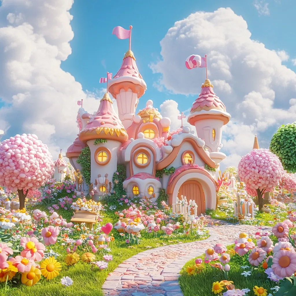 A whimsical candy-themed castle sits amidst a vibrant flower garden.  Pink and white towers, decorated with frosting-like details and candy flags, dominate the scene.  A winding stone path leads to the castle's arched entrance.  Fluffy pink trees and cheerful flowers in various pastel shades surround the castle, creating a cheerful and fantastical landscape under a bright, sunny sky.
