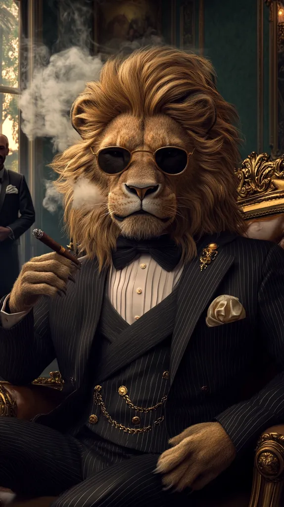 A regal lion, sporting sunglasses and a pinstripe suit, sits in a gilded chair.  He holds a cigar, smoke curling around his head.  A bow tie and ornate vest complete his sophisticated attire.  The background shows a dimly lit room and a man in formal wear.  The image is a striking blend of animal and human characteristics, conveying a sense of power and elegance.