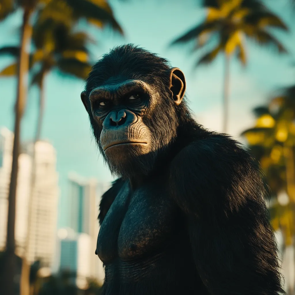 A muscular chimpanzee, powerfully built and with intense eyes, stands against a backdrop of palm trees and a modern cityscape.  The primate's gaze is direct, conveying strength and perhaps a hint of defiance.  The juxtaposition of the natural world with urban architecture creates a striking contrast.  The lighting accentuates the chimp's physique and fur, highlighting its imposing presence.