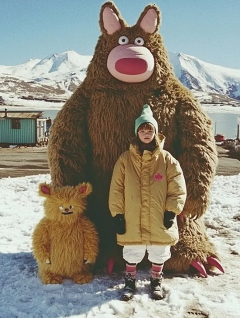 A young girl stands between two large stuffed bears in a snowy landscape.  The bears are brown and furry, one significantly larger than the other.  The girl wears a yellow snowsuit and a teal hat, her expression is neutral.  A mountainous backdrop and a small building are visible in the distance. The scene appears to be set in a cold, possibly arctic, environment.