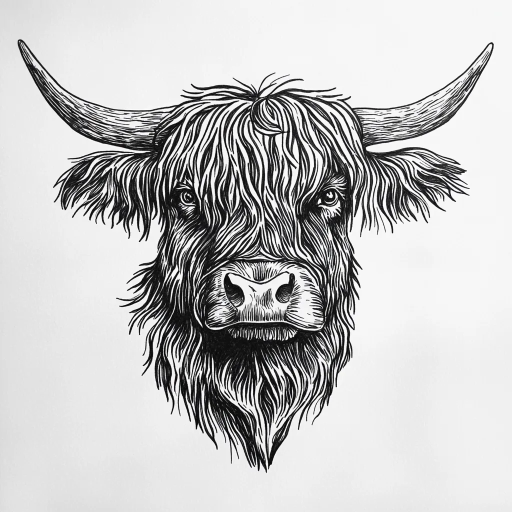 A detailed black and white ink drawing of a Highland cow's head.  The cow's long, shaggy hair is meticulously rendered, showcasing individual strands.  Large horns curve gracefully outward. The cow's expression is calm and direct, creating a striking and powerful image. The style is reminiscent of woodcuts or linocuts, emphasizing strong lines and contrasts.