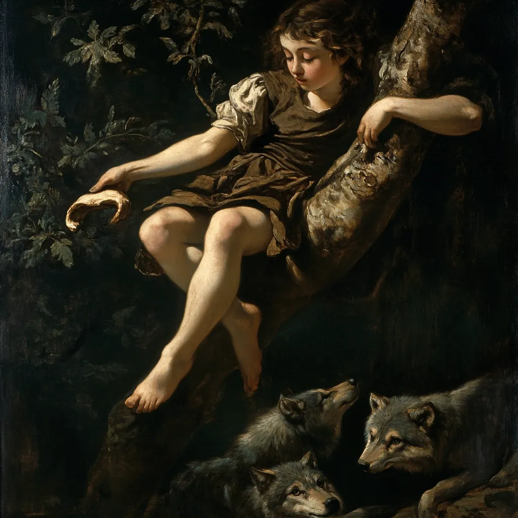 The painting depicts a young, barefooted girl sitting on a tree trunk in a dark forest. She holds a piece of bread.  Three wolves are nestled at the base of the tree, seemingly observing her. The scene is rendered in dark, rich tones, emphasizing the girl's isolation and the wildness of her surroundings. The overall mood is one of quiet contemplation and a hint of unease.