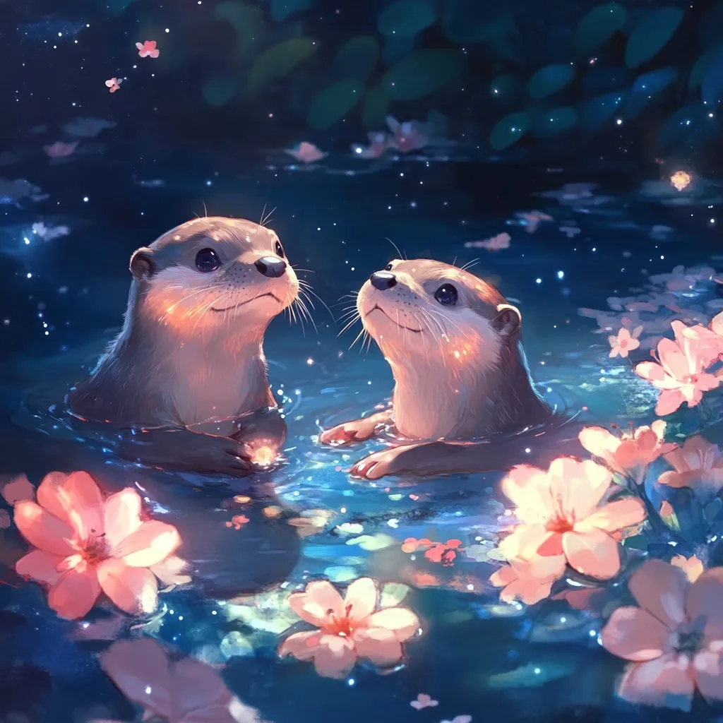 Two adorable otters are nestled together in a serene, moonlit pond.  Pink blossoms float on the water's surface, adding to the magical ambiance.  The otters gaze at each other, creating a heartwarming and whimsical scene.  Sparkling lights and soft colors enhance the dreamlike quality of the artwork.