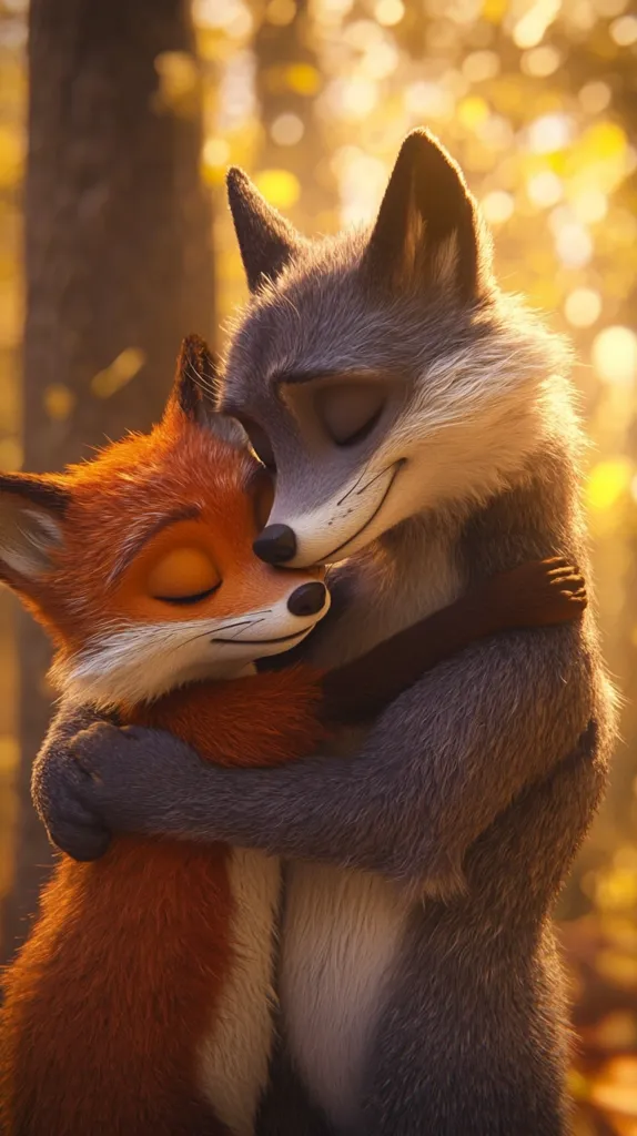 A heartwarming image depicts a gray raccoon and an orange fox embracing in a tender hug.  Their eyes are closed, conveying a sense of peace and affection. The background is softly blurred, showcasing a warm, autumnal forest setting, enhancing the overall feeling of tranquility and love.  The fur detail is realistic, adding to the image's charm.