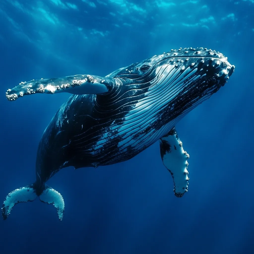 A humpback whale gracefully glides through the deep blue ocean.  Its massive body, marked with distinctive white patterns, is beautifully illuminated by the sunlight filtering from above.  The whale's pectoral fins are outstretched, showcasing the knobbly texture of its skin. The scene evokes a sense of serenity and the immense beauty of the underwater world.