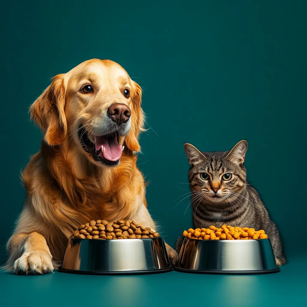 A golden retriever and a tabby cat sit side-by-side, each with their own bowl of food.  The dog looks happily at the camera, while the cat stares intently.  Both animals are positioned against a teal backdrop, creating a striking contrast.  The scene is clean and well-lit, emphasizing the pets and their meal.